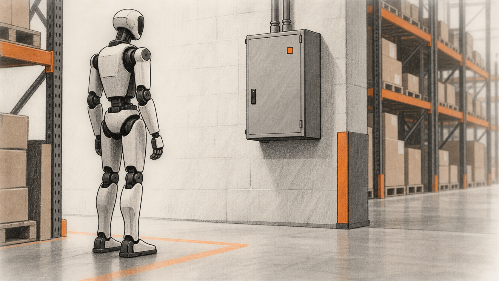 Conceptual charcoal illustration of an unbranded humanoid robot standing in a warehouse aisle near a closed wall power cabinet, with pallet shelves receding behind it.