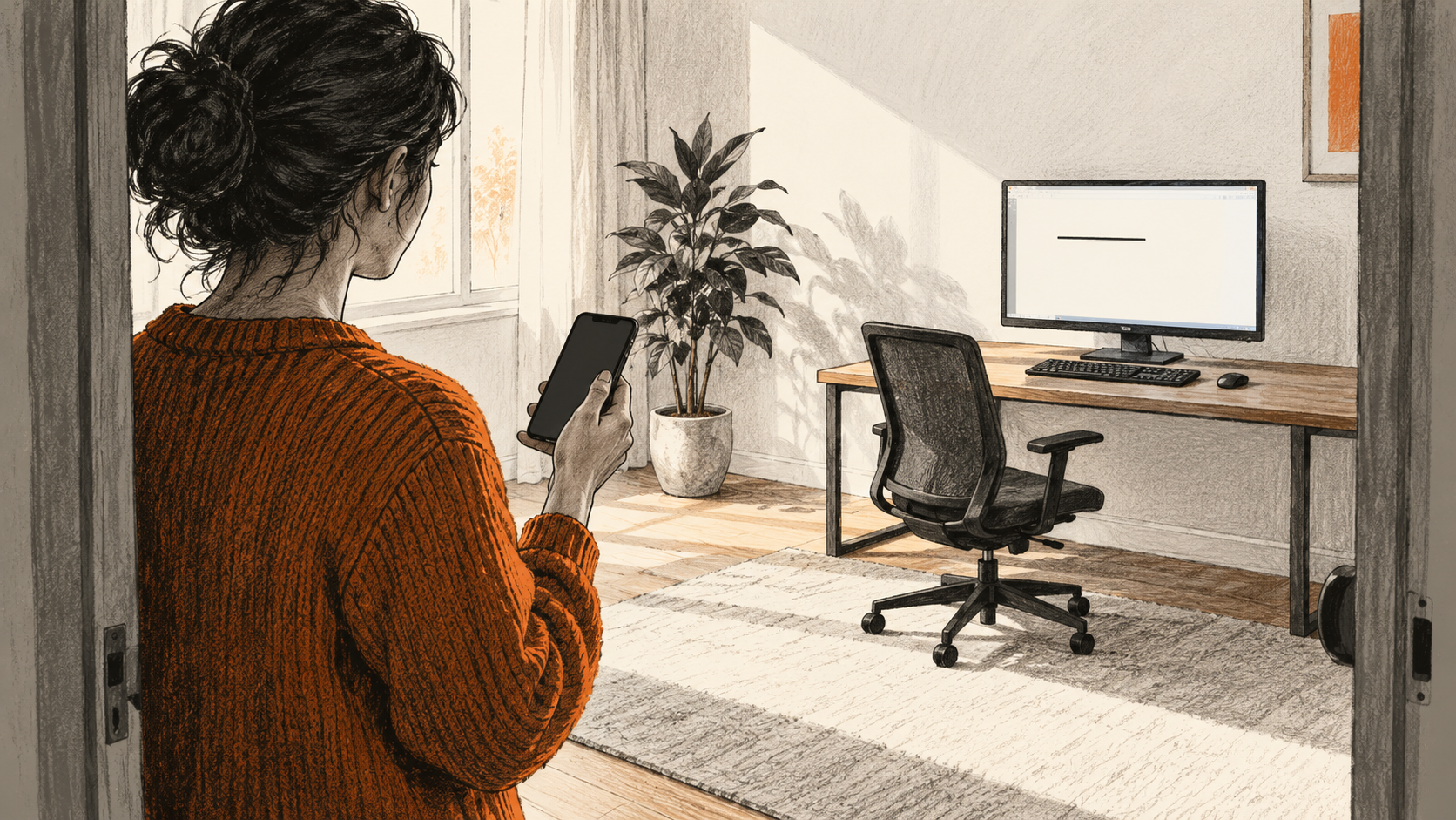 Conceptual charcoal illustration of a person holding a phone while looking across a room at a desktop monitor with one unlettered line.