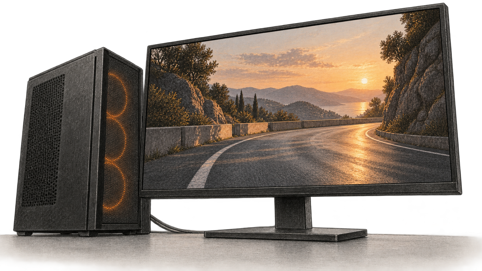 Conceptual charcoal illustration of an unbranded desktop gaming PC and monitor showing a fictional sunlit road scene.