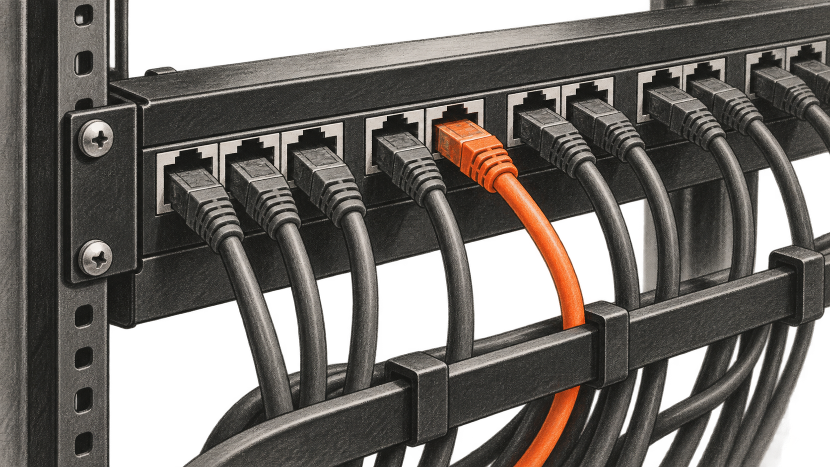 Charcoal illustration of a rack-mounted network patch panel with one orange cable among dark cables.