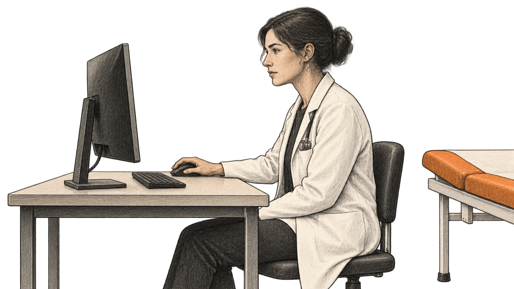 Conceptual charcoal illustration of one clinician seated at a computer, facing a monitor whose screen is hidden from view, with an empty examination couch behind.