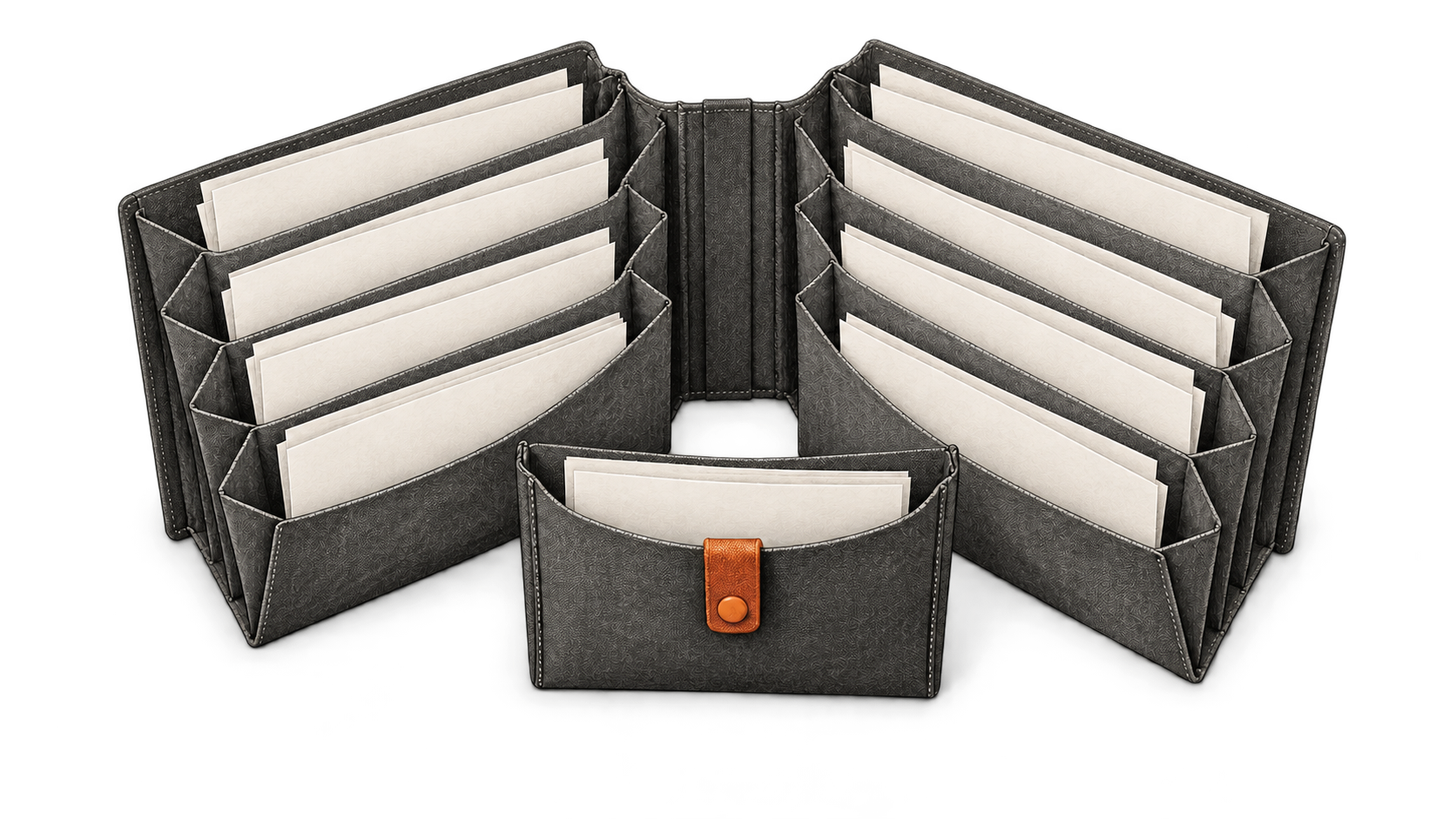 Conceptual charcoal illustration of an open accordion file with papers in two banks and a smaller front sleeve with an orange clasp.