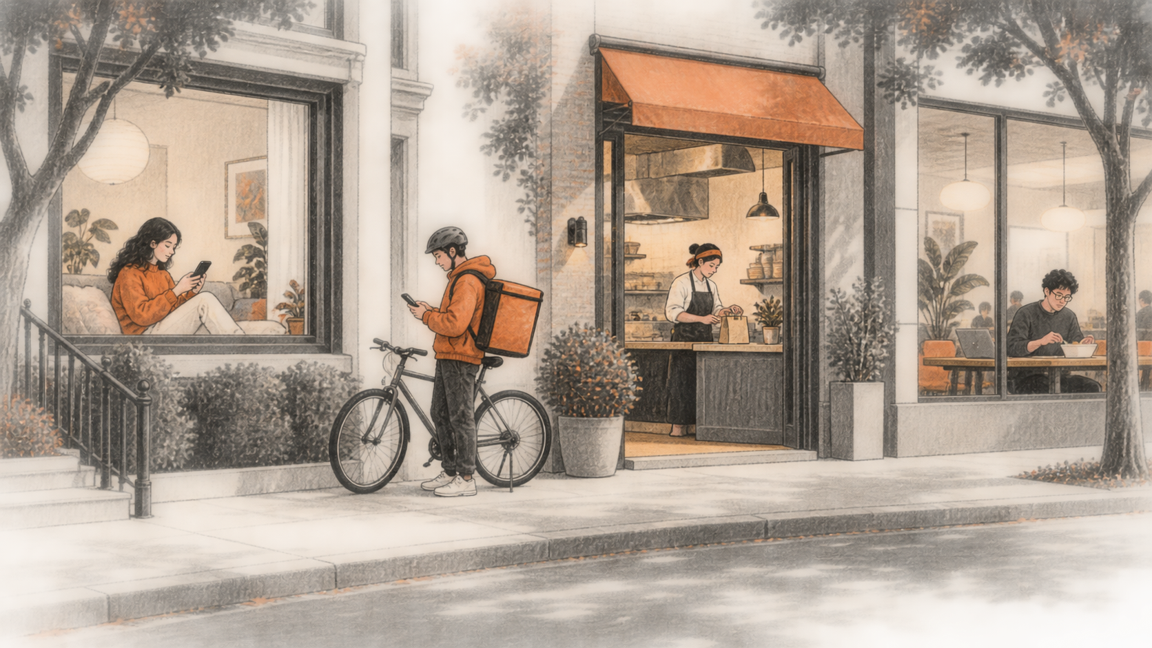 Illustrative streetscape showing a customer at home, a courier beside a bicycle, a restaurant worker at a counter, and an office employee at a table.
