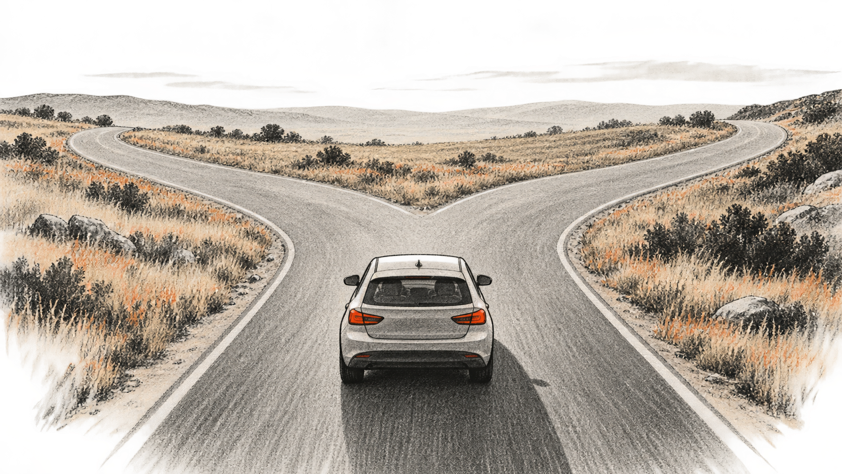 Car approaches a branching junction.