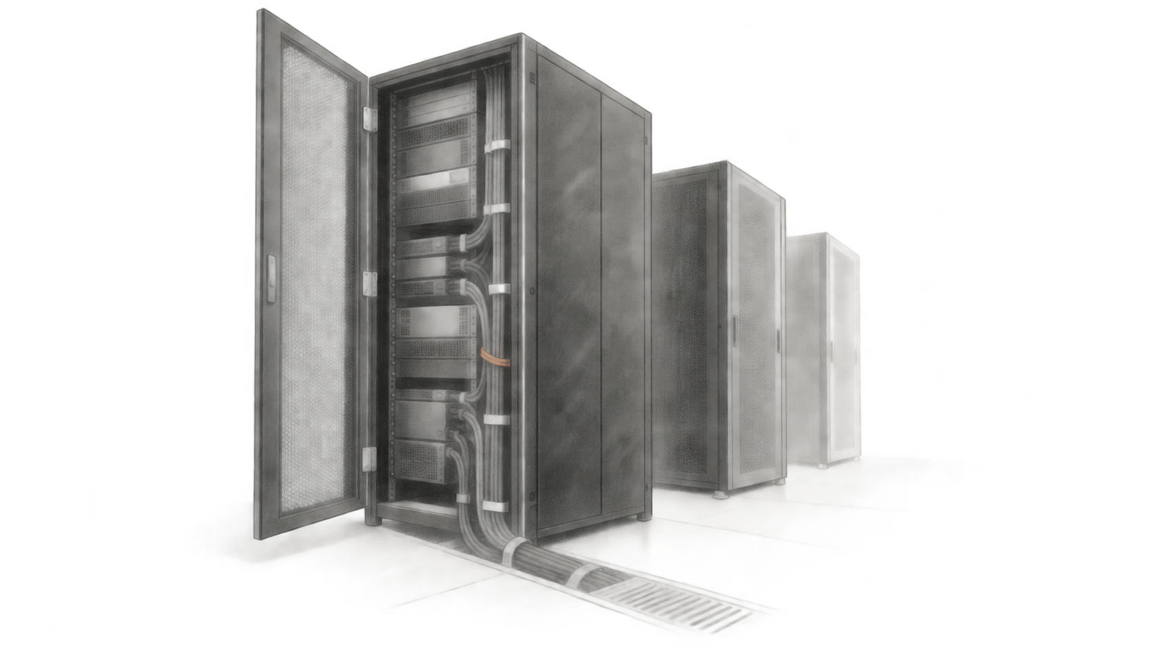 Conceptual charcoal illustration of an open, unbranded equipment cabinet with connected cables entering a floor channel; two closed cabinets recede behind it.