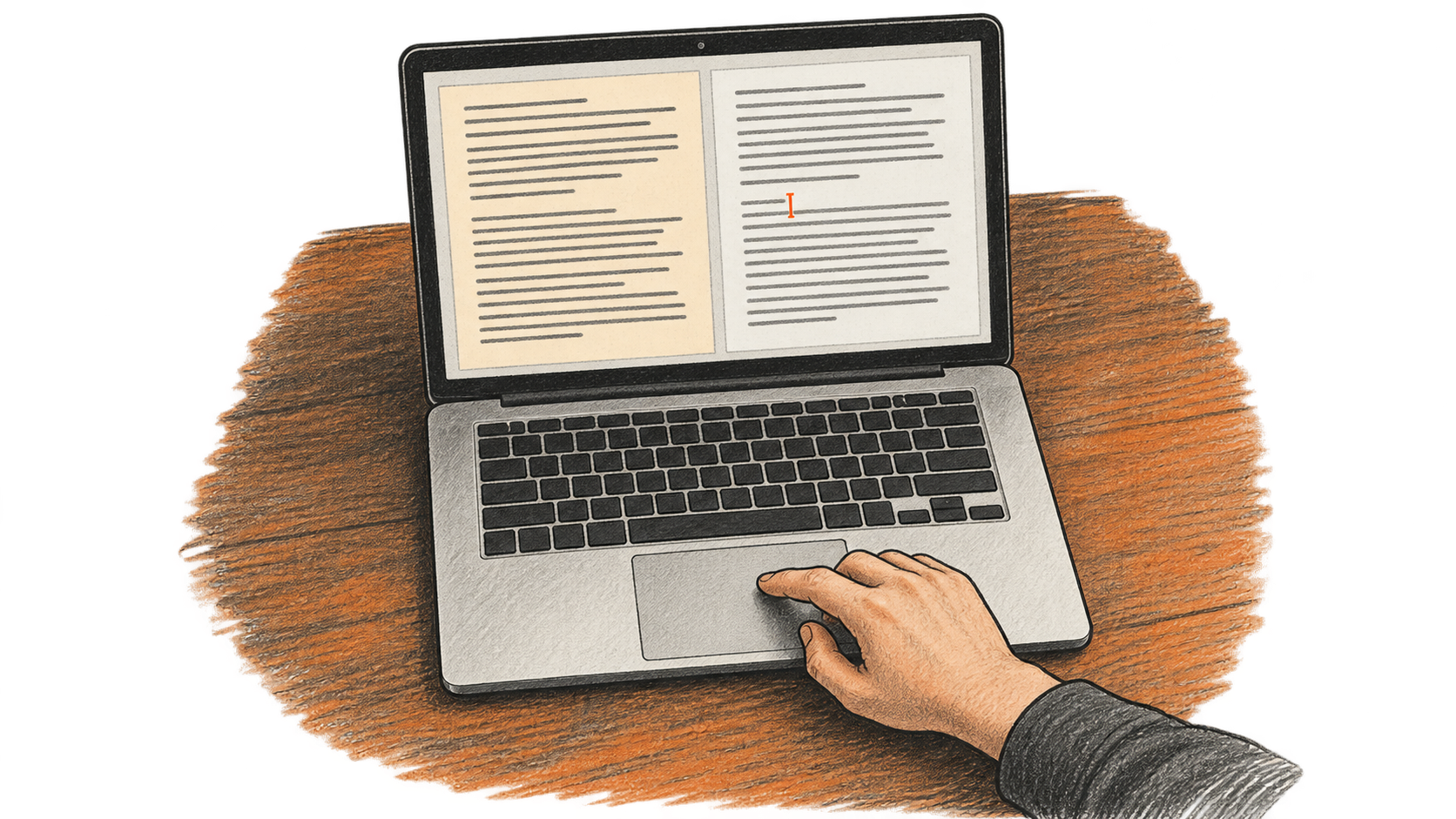 One right hand operates a laptop trackpad beneath two columns of unreadable text.