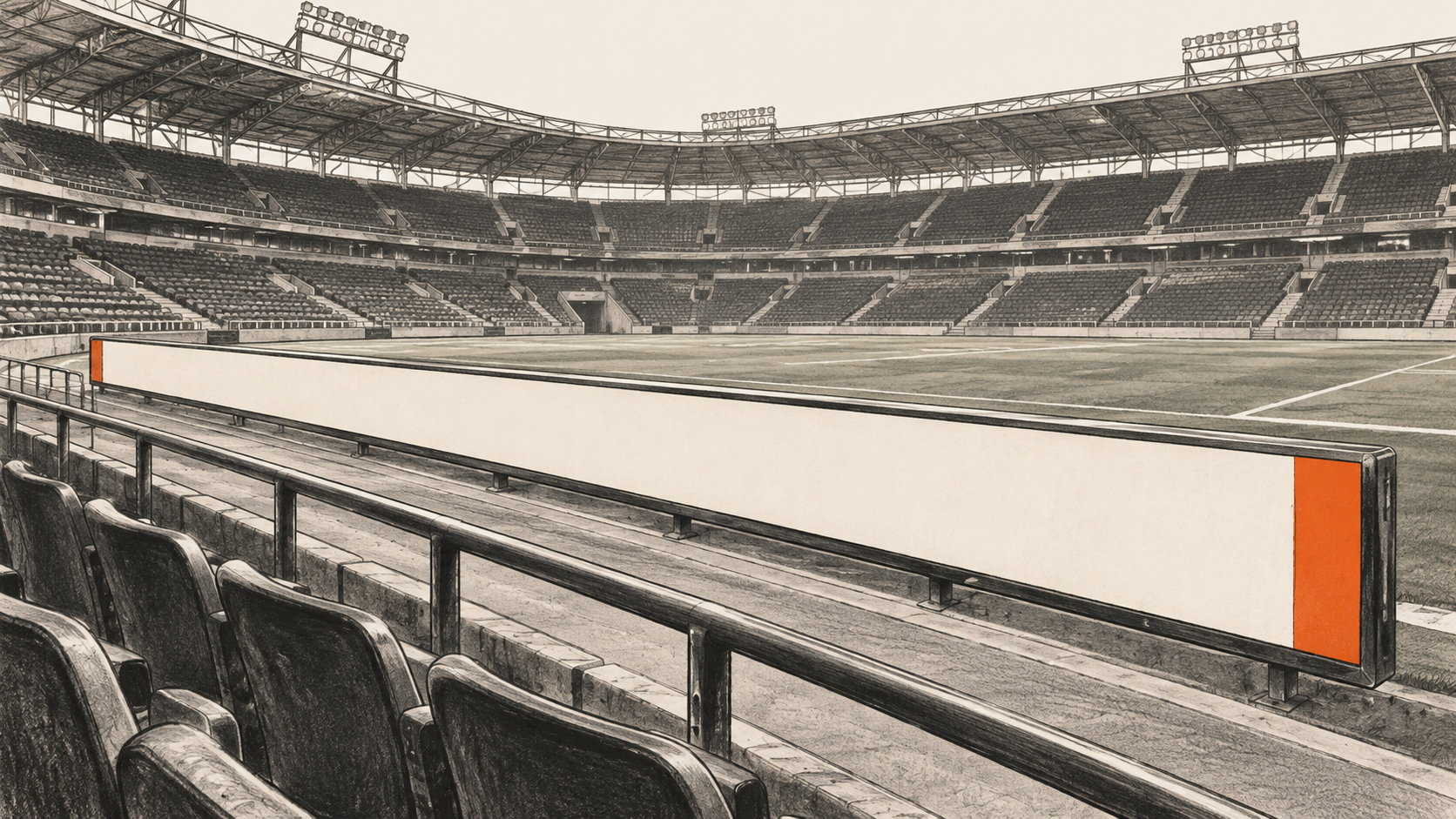 Conceptual charcoal illustration of a blank advertising display beside an empty sports field, with tiered stadium seats behind it.