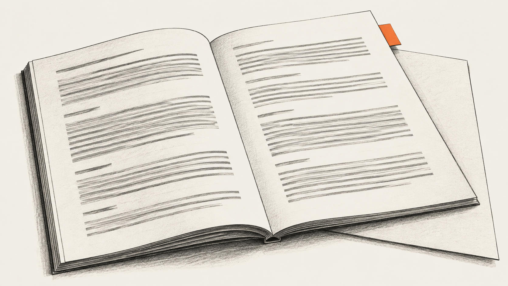 Conceptual illustration of an open report with an orange tab and a sheet tucked beneath it.