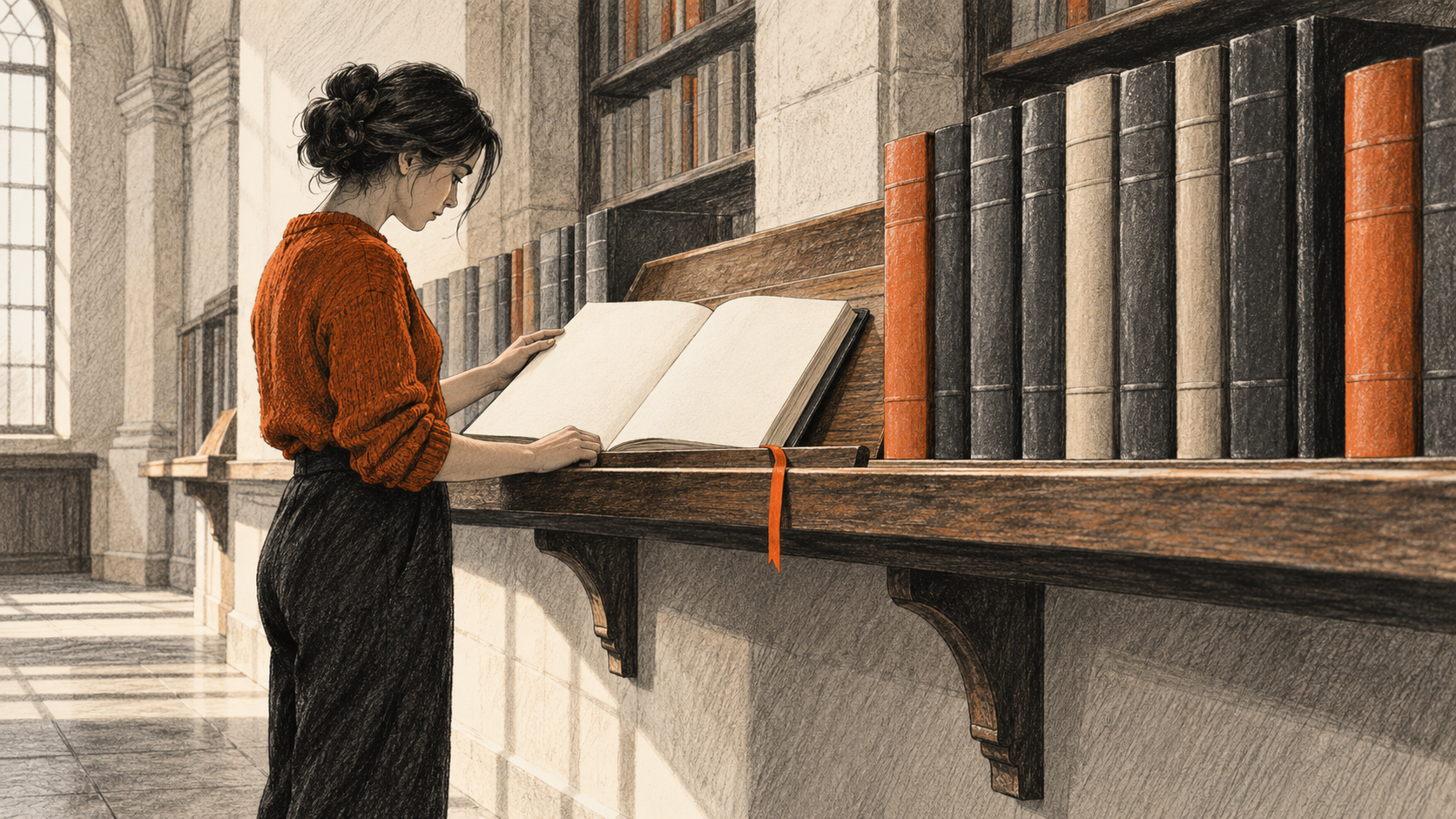 Conceptual charcoal illustration of a reader checking an open blank volume on a supported shelf in a reading room.