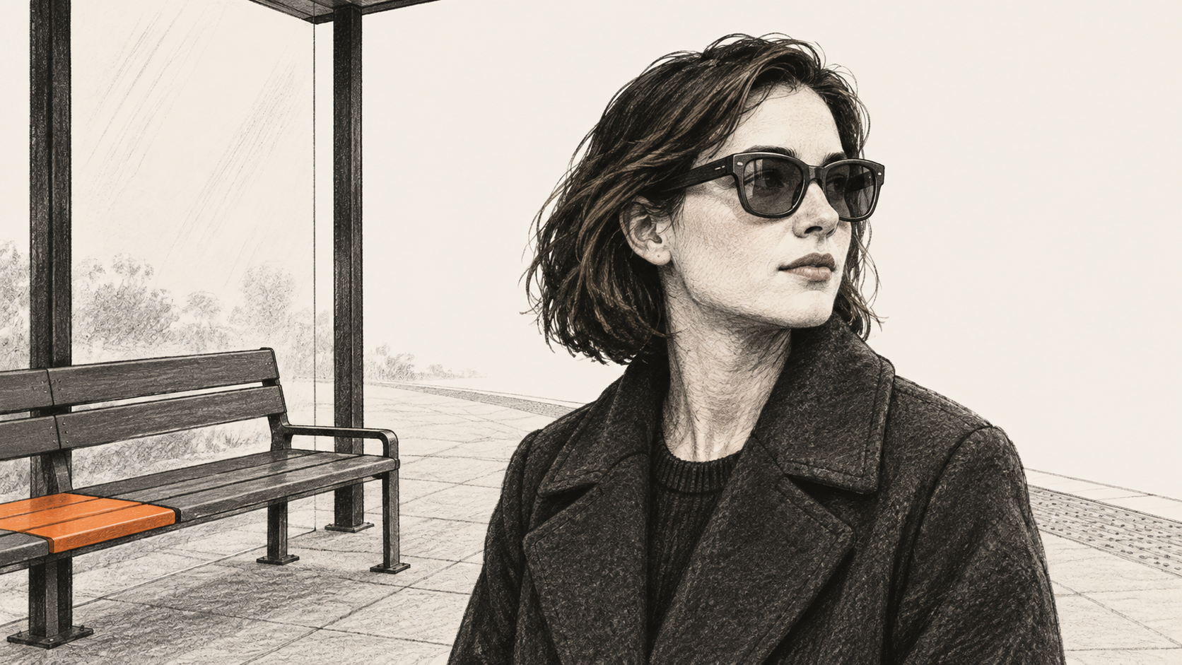Conceptual charcoal illustration of one adult wearing unbranded dark glasses at an otherwise empty transit shelter.