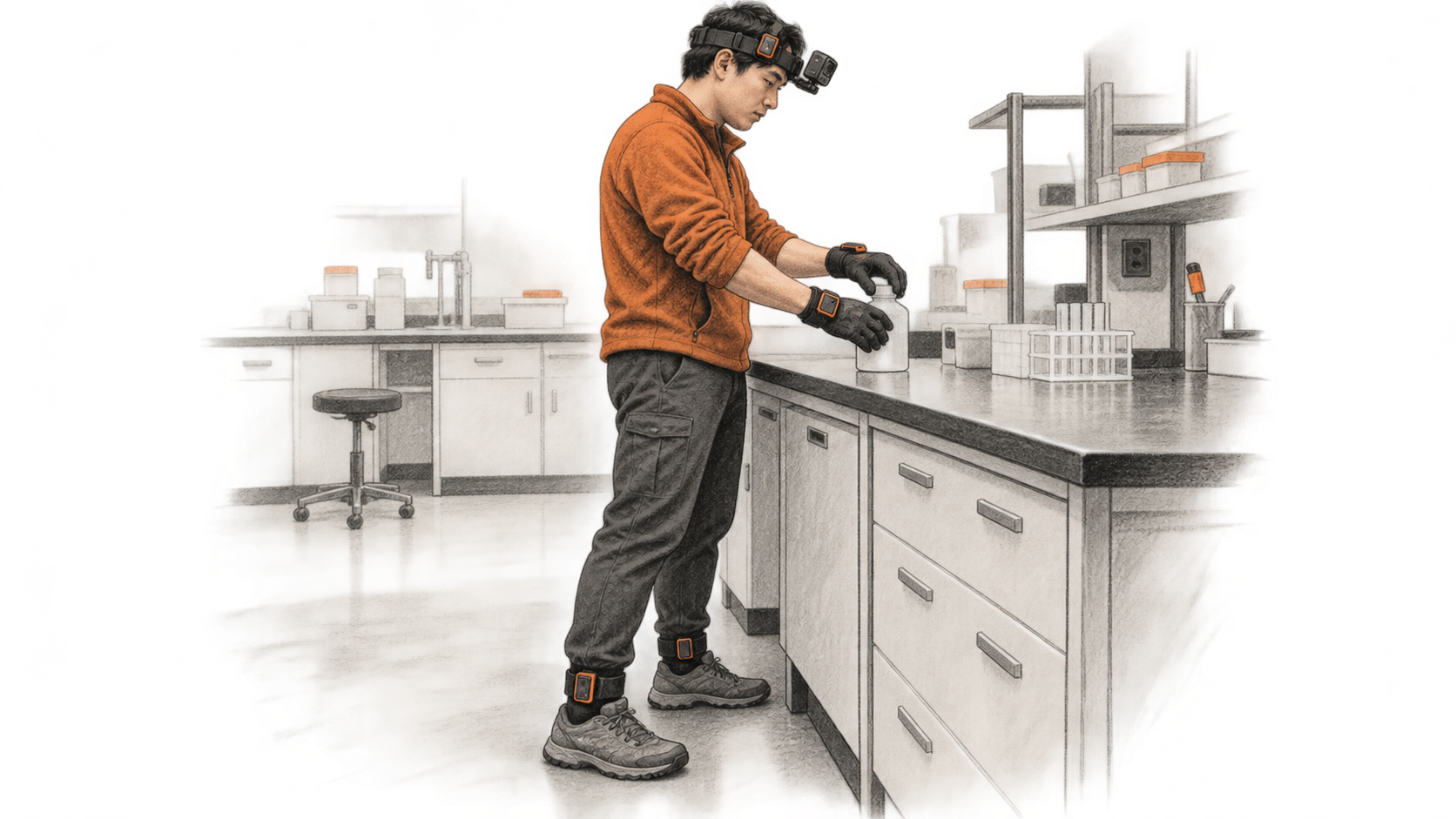 Conceptual charcoal illustration of one gloved worker at a laboratory bench, wearing a head camera and trackers on the head, both wrists and both ankles.