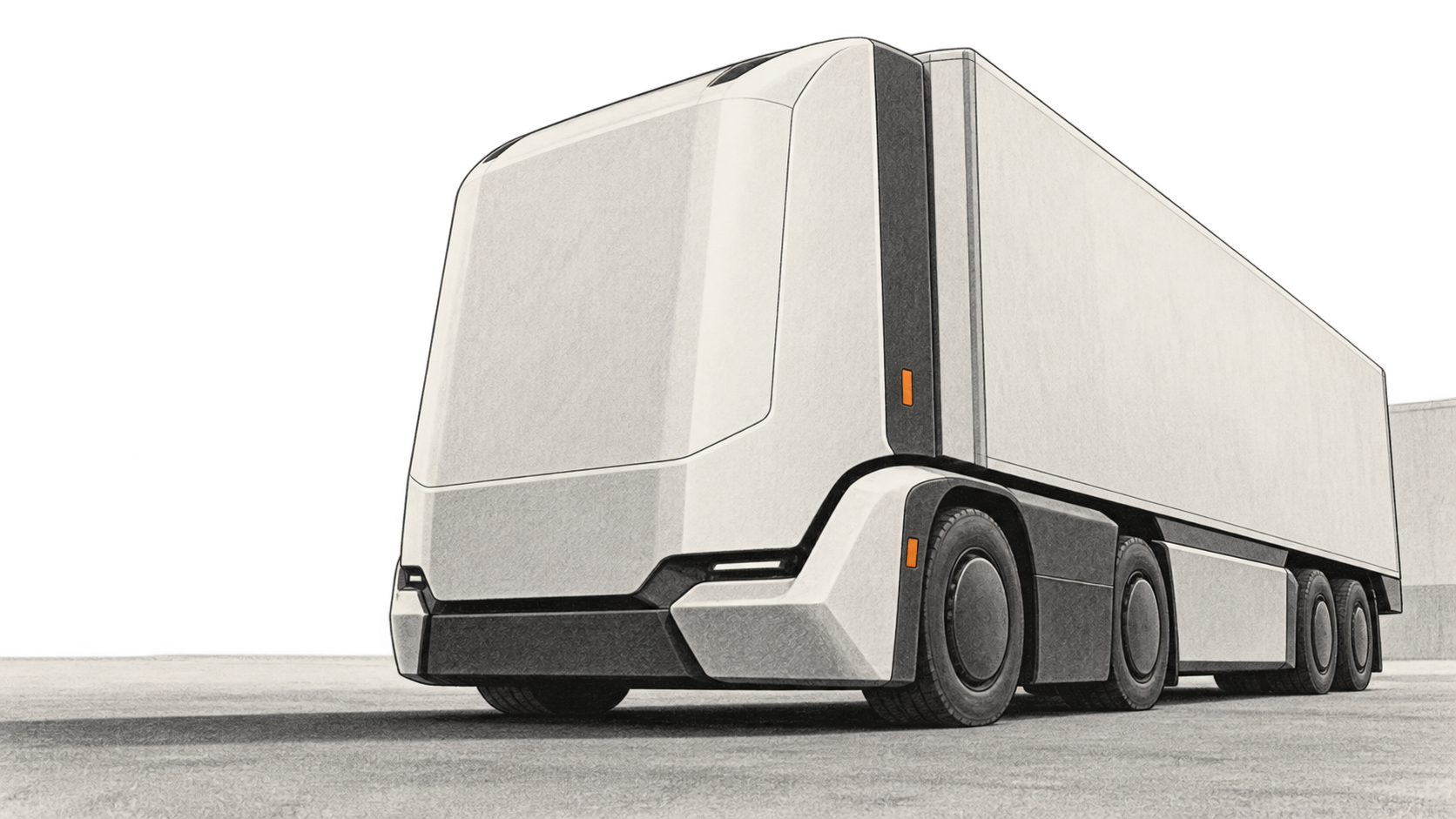 Conceptual charcoal illustration of an unbranded cabless freight truck parked on a paved apron, viewed from the front-left side.