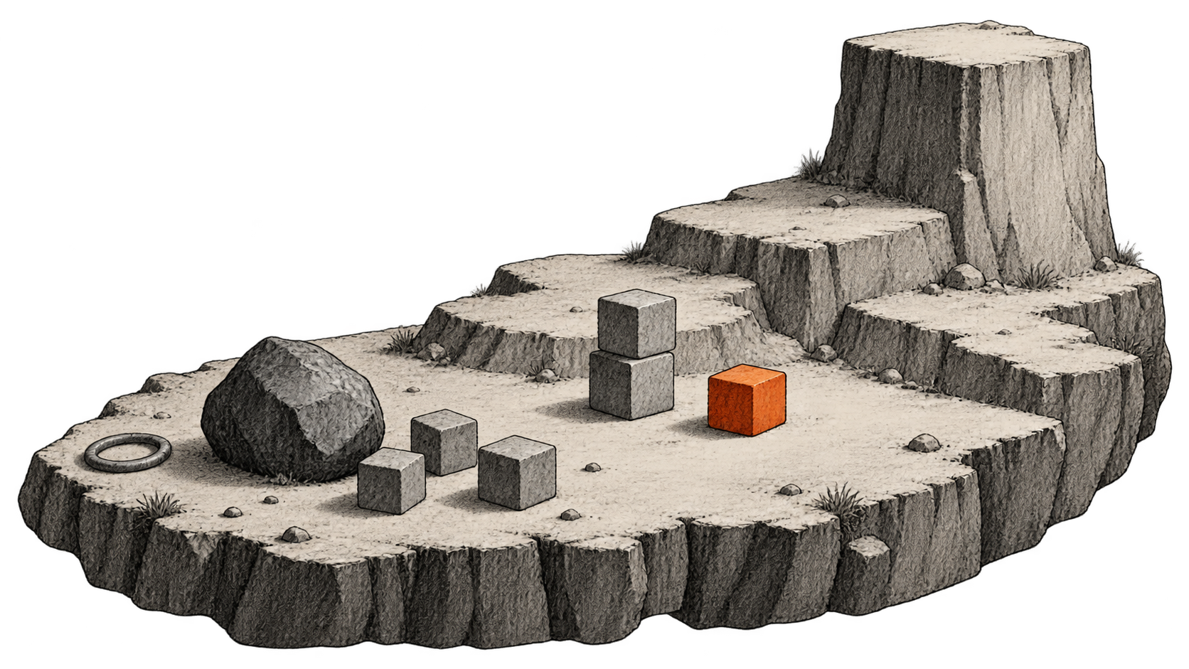 Conceptual charcoal illustration of a stepped virtual island with a rock, loose cubes and a short cube stack below a taller platform.