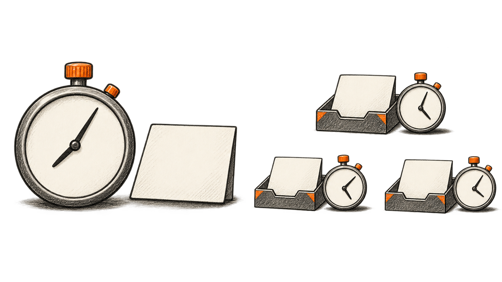 One large stopwatch beside a task card contrasts with three separate worker trays, each with its own small clock.