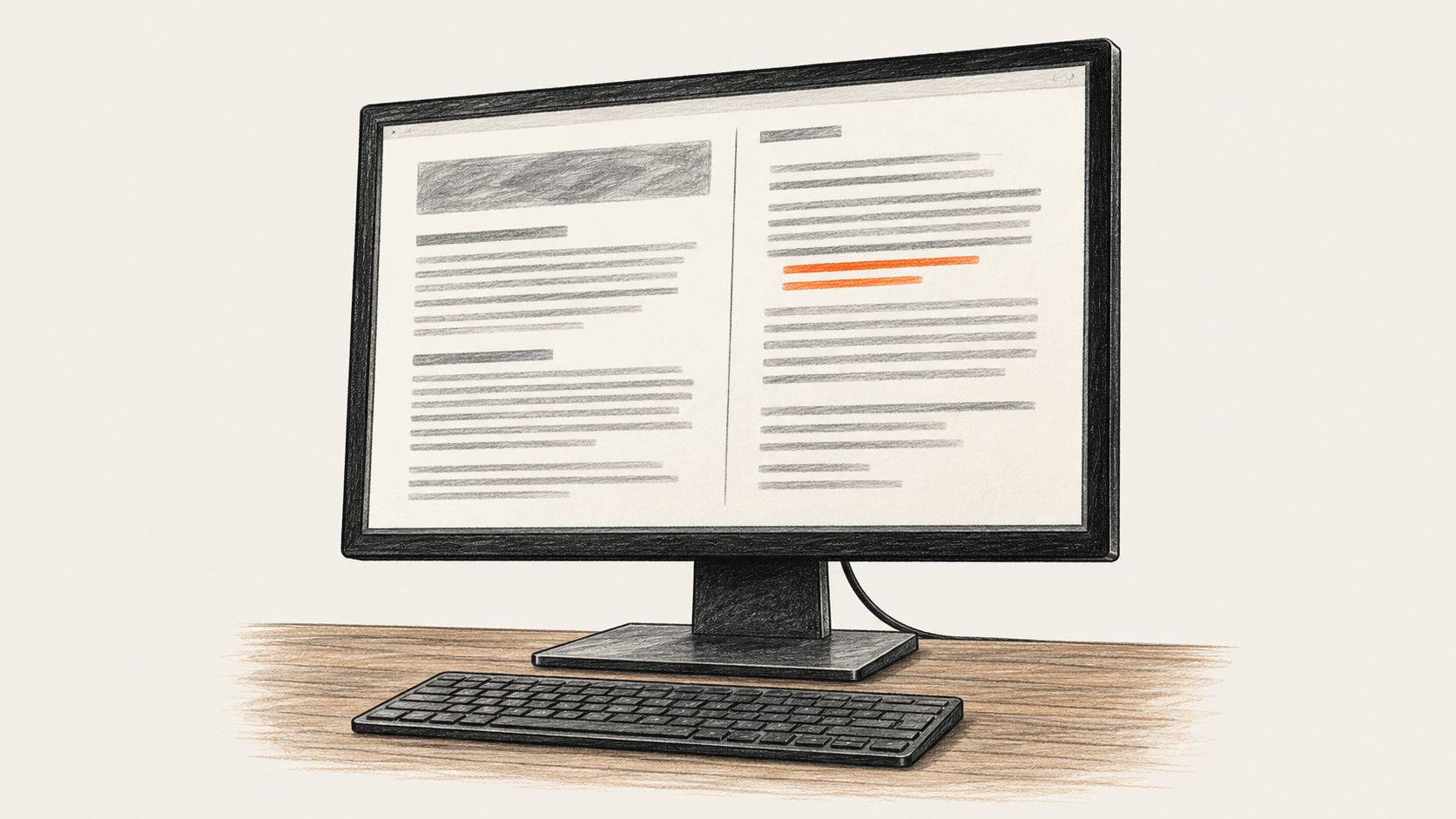 Conceptual charcoal illustration of a desktop monitor with two areas of unreadable text-like strokes, one accented in orange, above a keyboard.