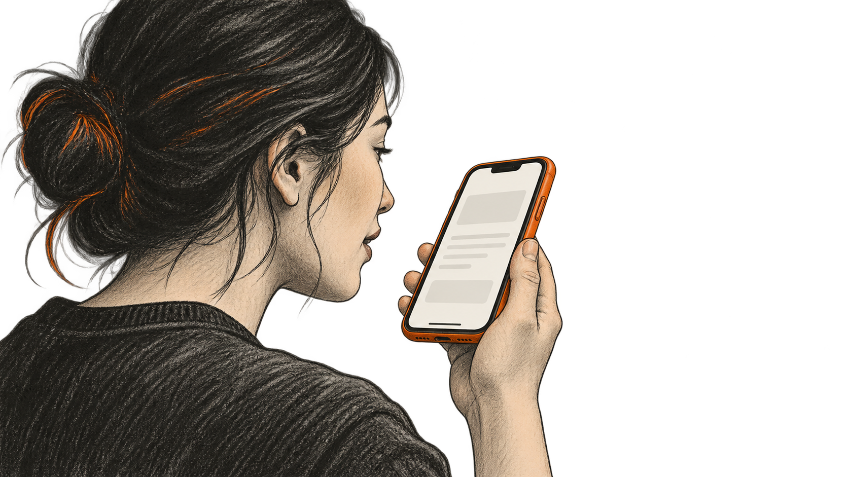 Conceptual charcoal illustration of one person speaking toward a handheld phone displaying an unbranded, unreadable web page.