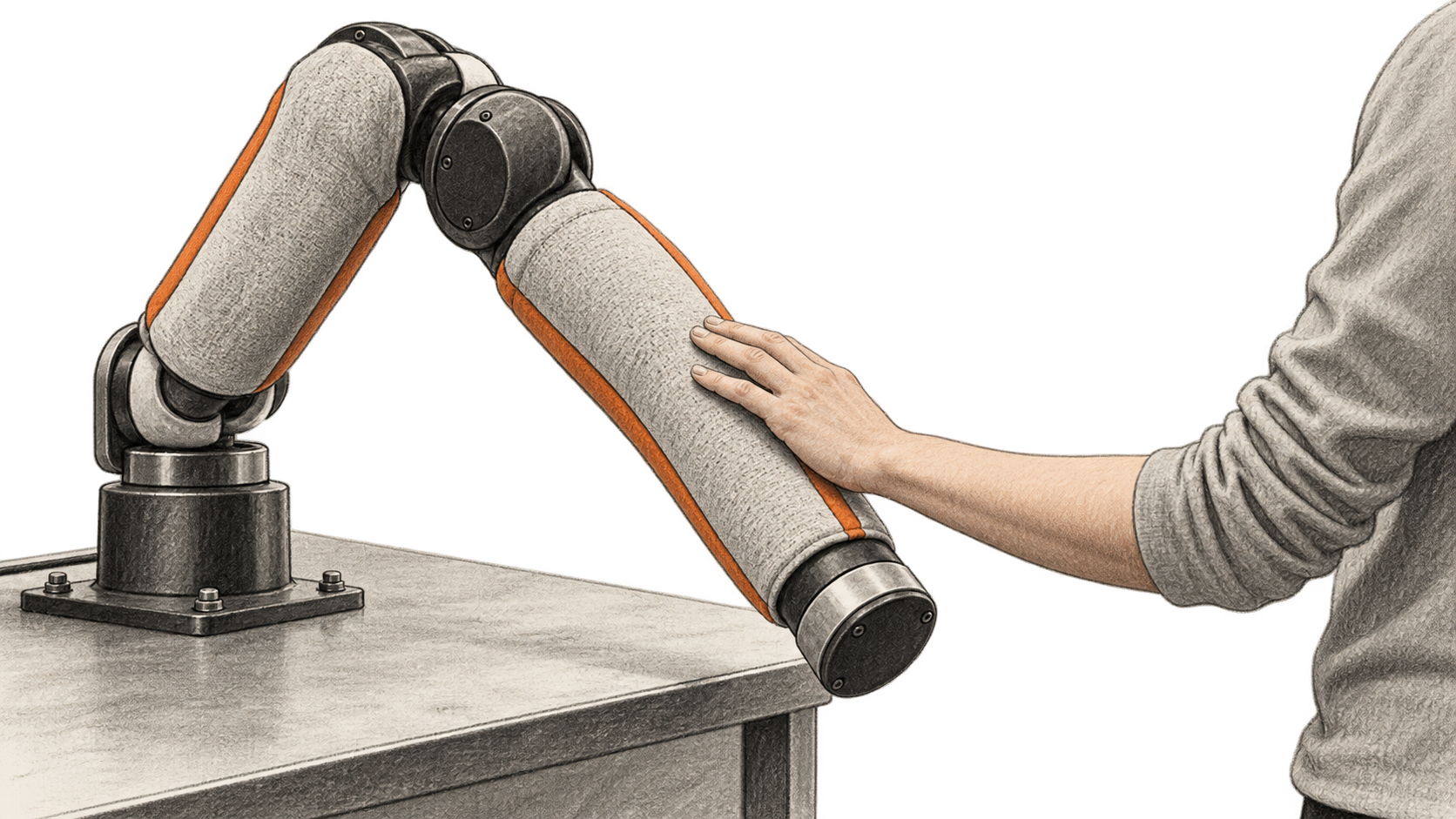 Conceptual charcoal illustration of a person touching the soft-covered forearm of a bench-mounted robotic arm; both arm segments have tactile covering.