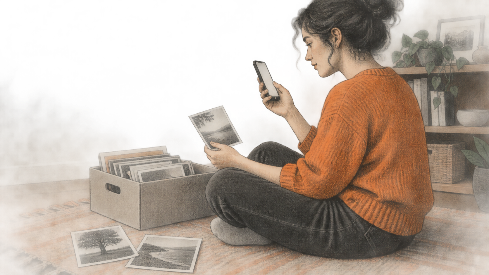 Conceptual illustration of one person seated on a rug, holding a phone and a landscape photo beside a box of personal prints and paper records.
