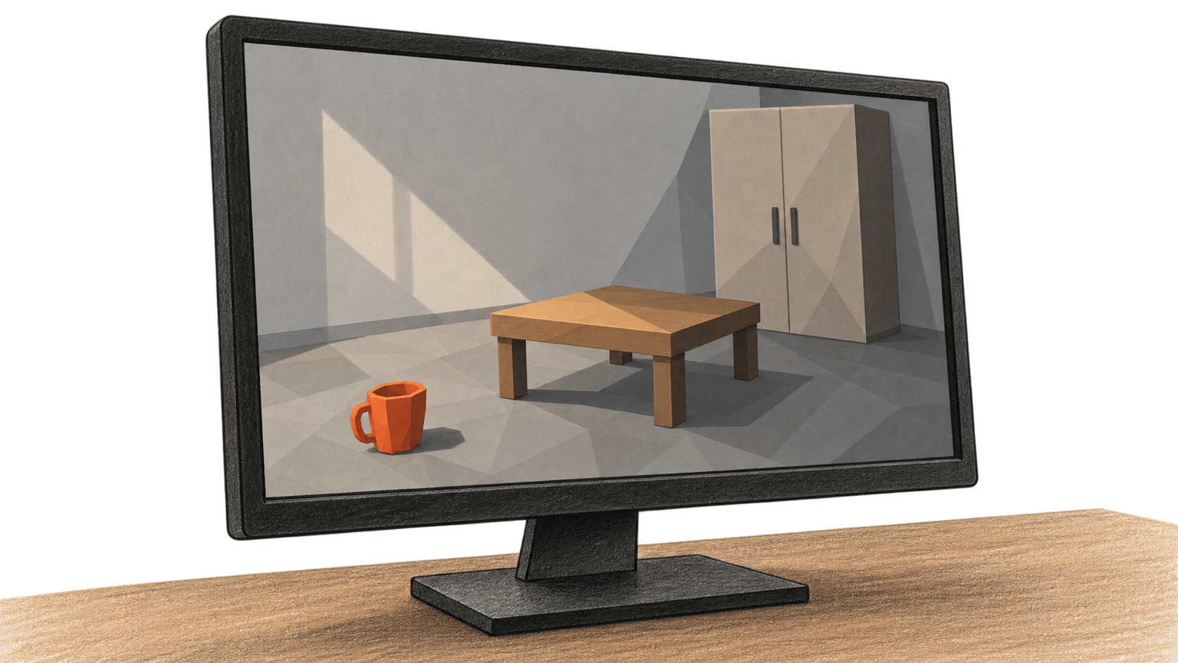 Conceptual illustration of a simulated household room on a computer display, with an orange cup on the floor beside a low table and closed cupboard.