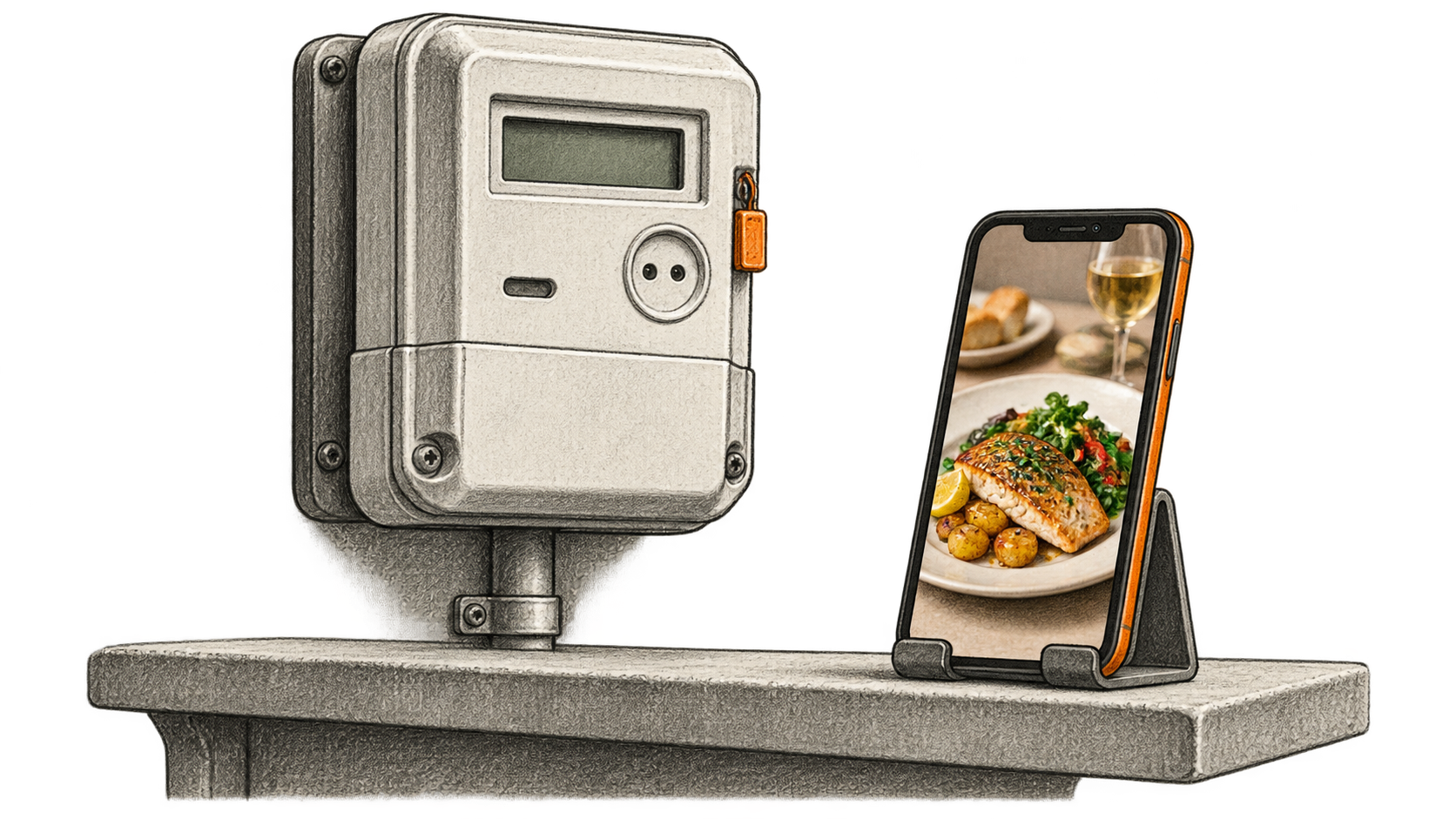 Conceptual charcoal illustration of a blank electricity meter beside a phone showing an unbranded food post.