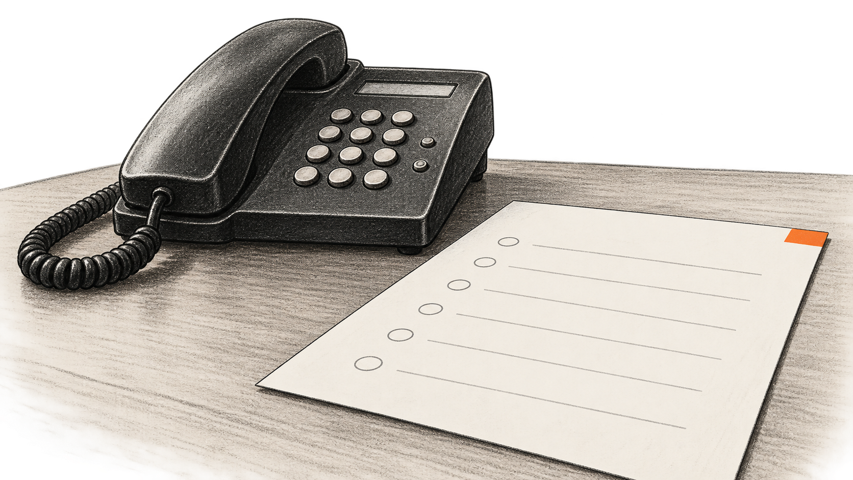 Conceptual charcoal illustration of a corded telephone beside a blank interview sheet with empty circles.