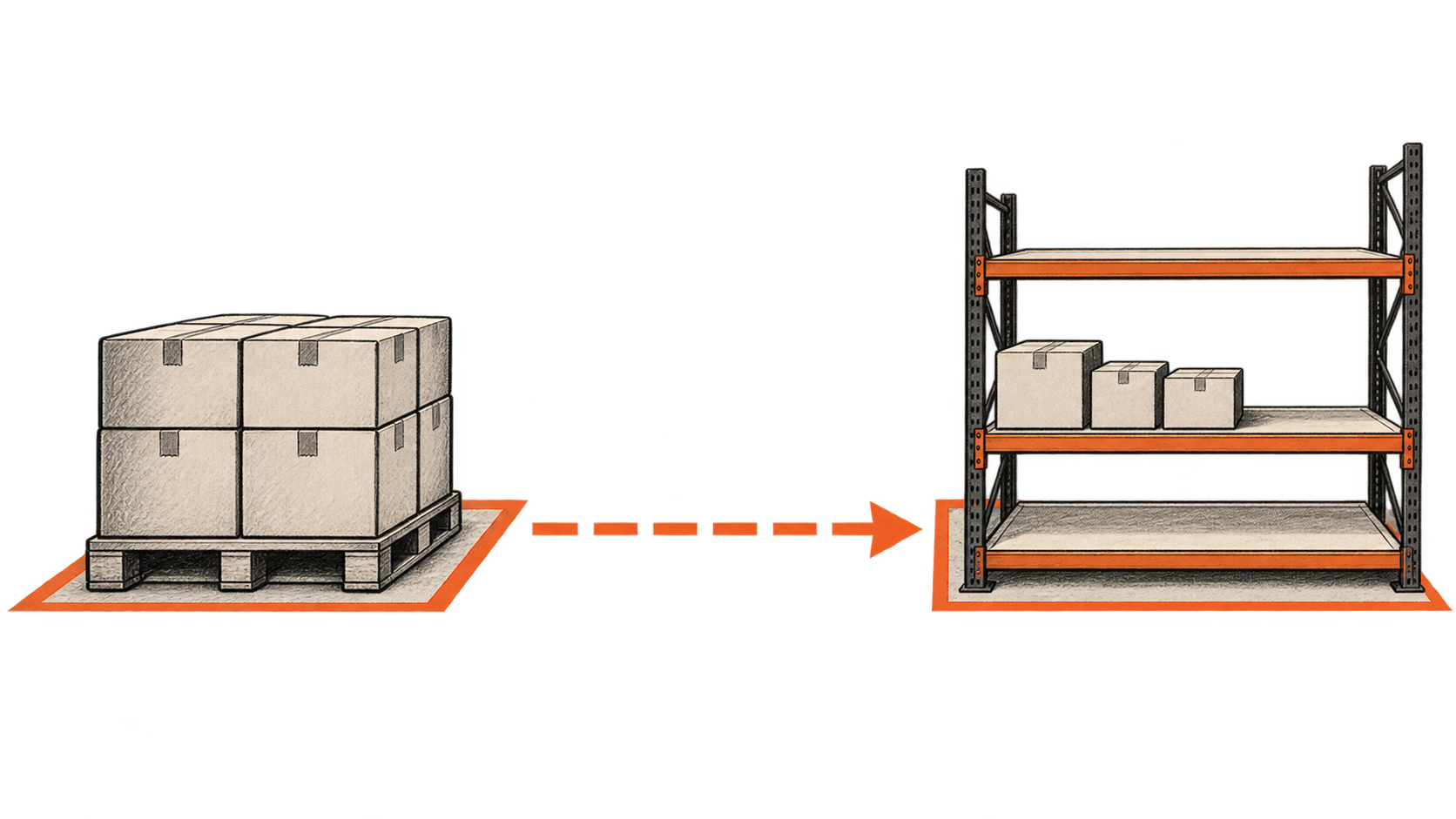 A loaded reserve pallet connects by one dashed rightward arrow to a partly stocked picking rack.