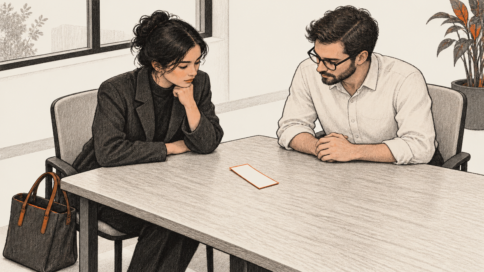 Conceptual charcoal illustration of two coworkers looking at one blank expense receipt on a shared meeting table, with a travel tote beside one chair.