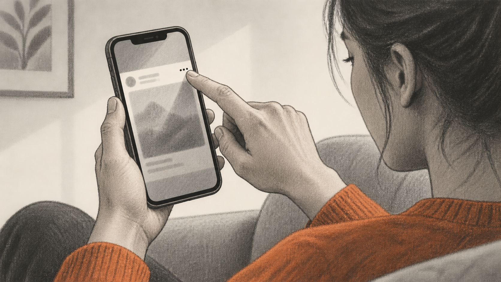 Conceptual charcoal illustration of one person holding a smartphone and tapping a three-dot post-menu mark; the rest of the screen is indistinct.