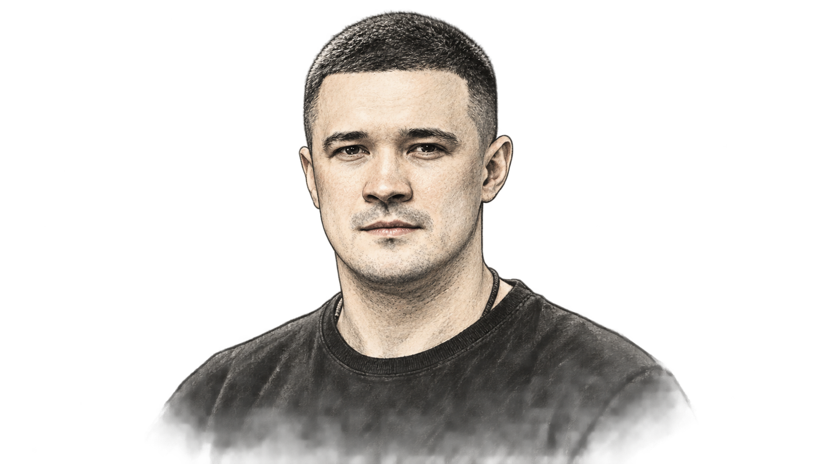 Conceptual charcoal portrait of Mykhailo Fedorov, shown from the shoulders up against a plain background.
