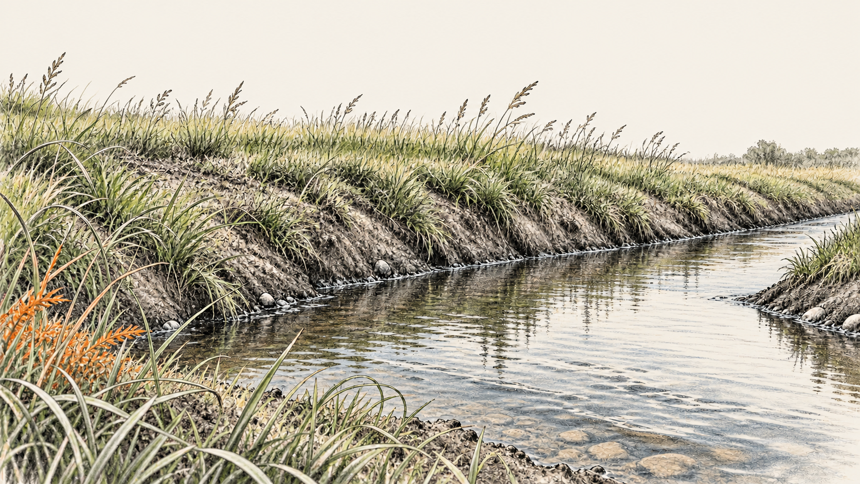 Conceptual charcoal illustration of clear water within a grassy earthen drainage channel, seen from a low angle.