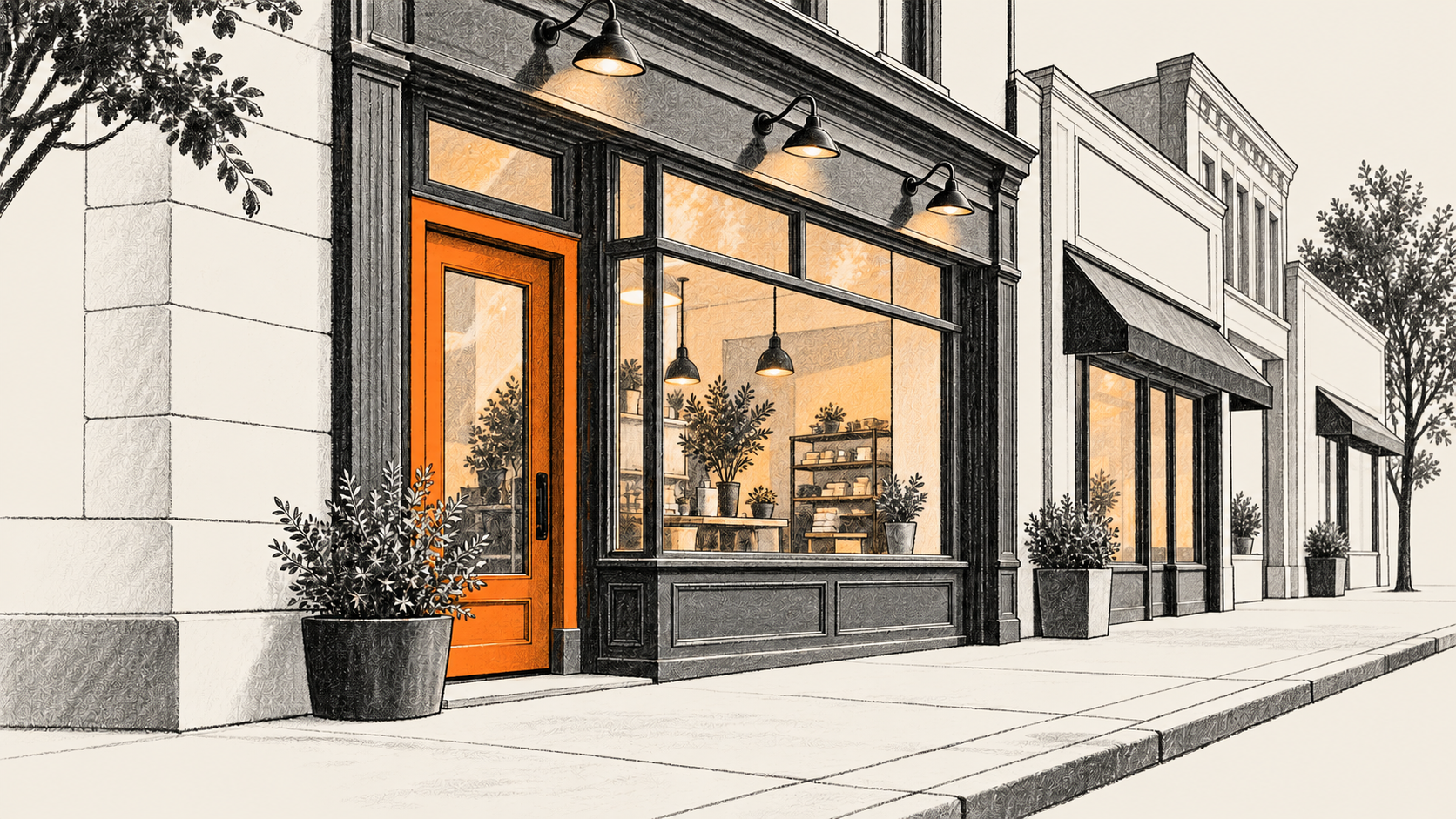 Conceptual charcoal illustration of an unbranded storefront with an orange door and two other storefronts receding along a sidewalk.