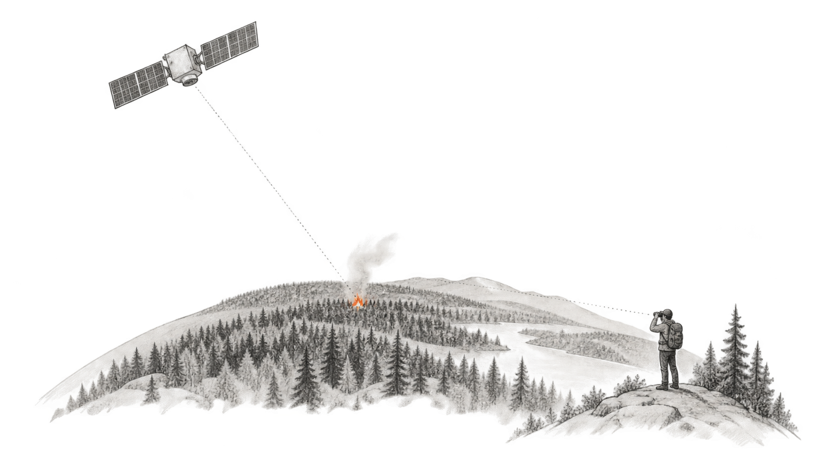 Pencil sketch of a satellite observing a small forest hotspot while a person watches from a hillside.