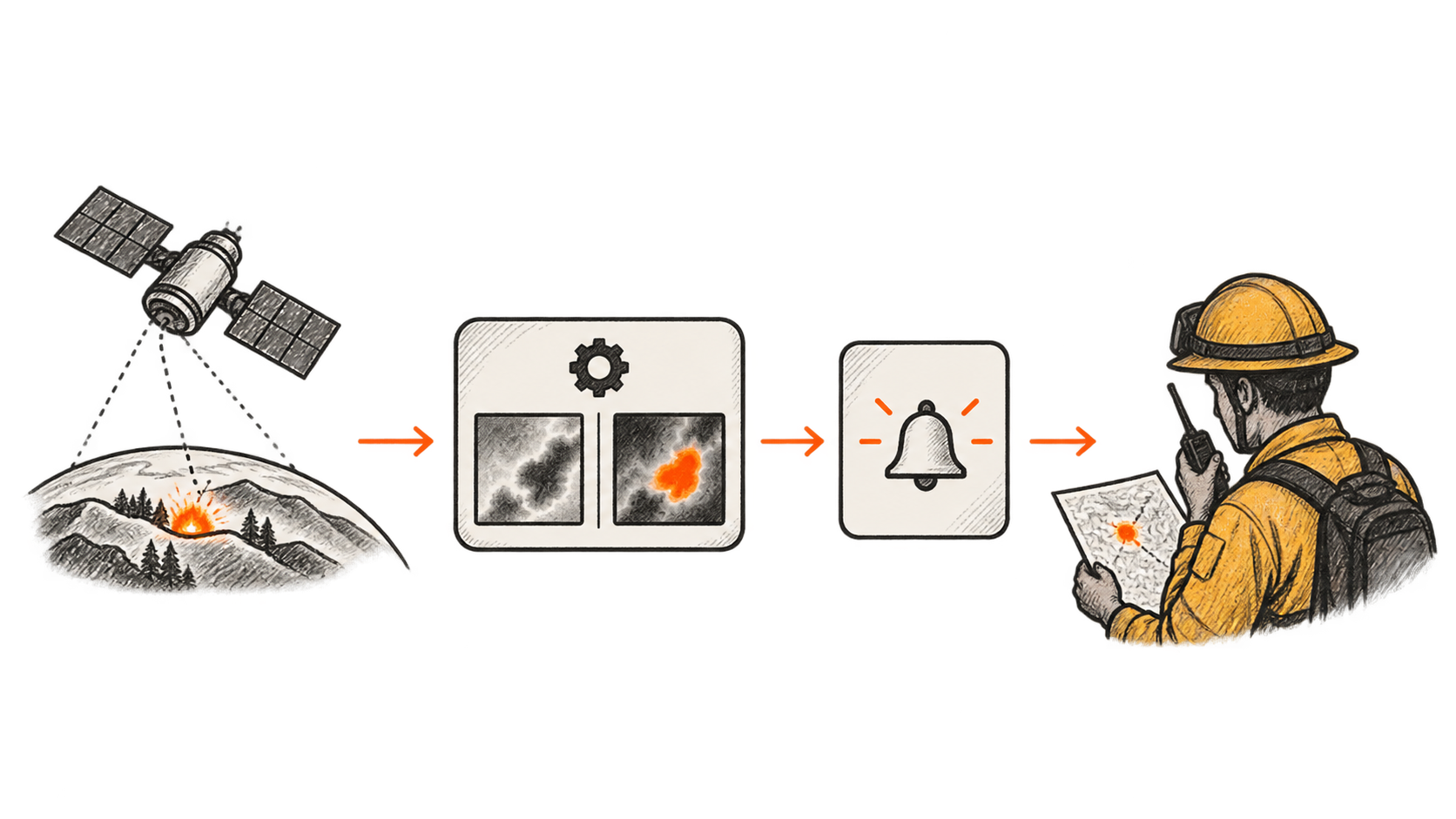 Conceptual chain showing satellite observation, software comparing heat patterns, a notification, and a fire responder assessing a map while using a radio.