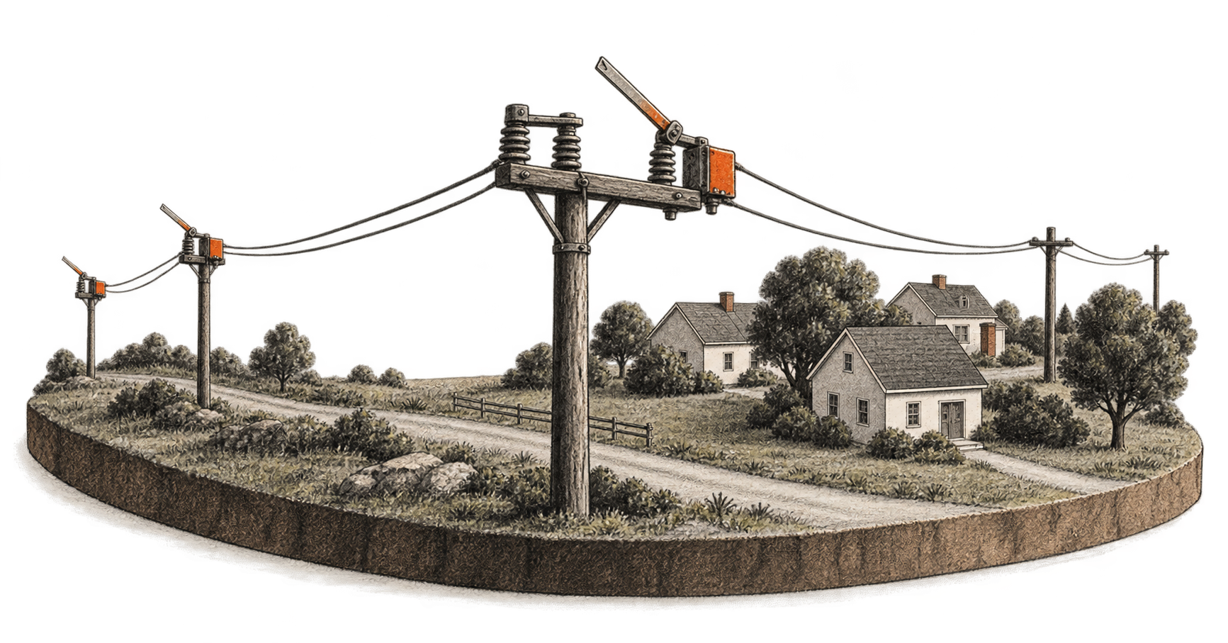 Conceptual charcoal miniature of houses and local electricity poles, with an open disconnector prominent in the foreground.