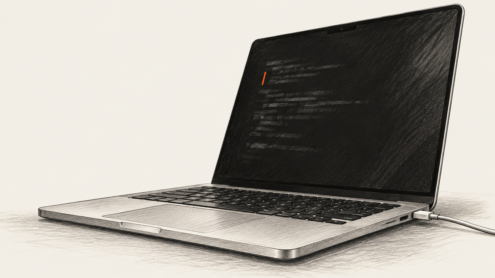 Conceptual charcoal illustration of a silver laptop viewed from a low side angle, with a dark screen bearing indistinct marks and a power cable connected at the right.