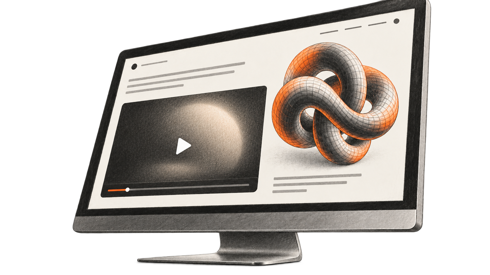 Conceptual charcoal illustration of one angled computer display showing a paused abstract video player beside a shaded orange 3D knot on the same webpage.