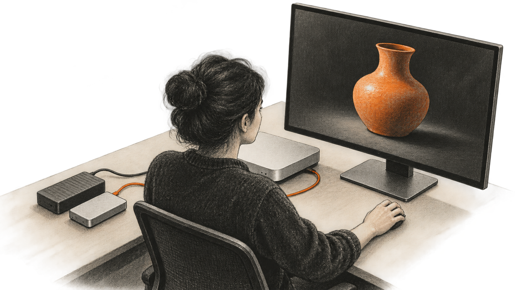 Conceptual charcoal illustration of a creator at a workstation viewing an orange vessel image on a monitor, with two small external drives on the table.