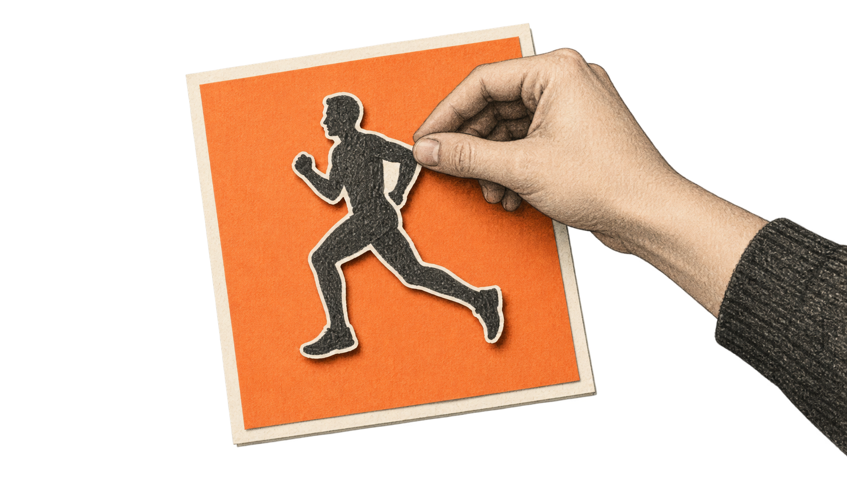 Conceptual charcoal illustration of one right hand placing a flat runner cutout on an orange square art backing.
