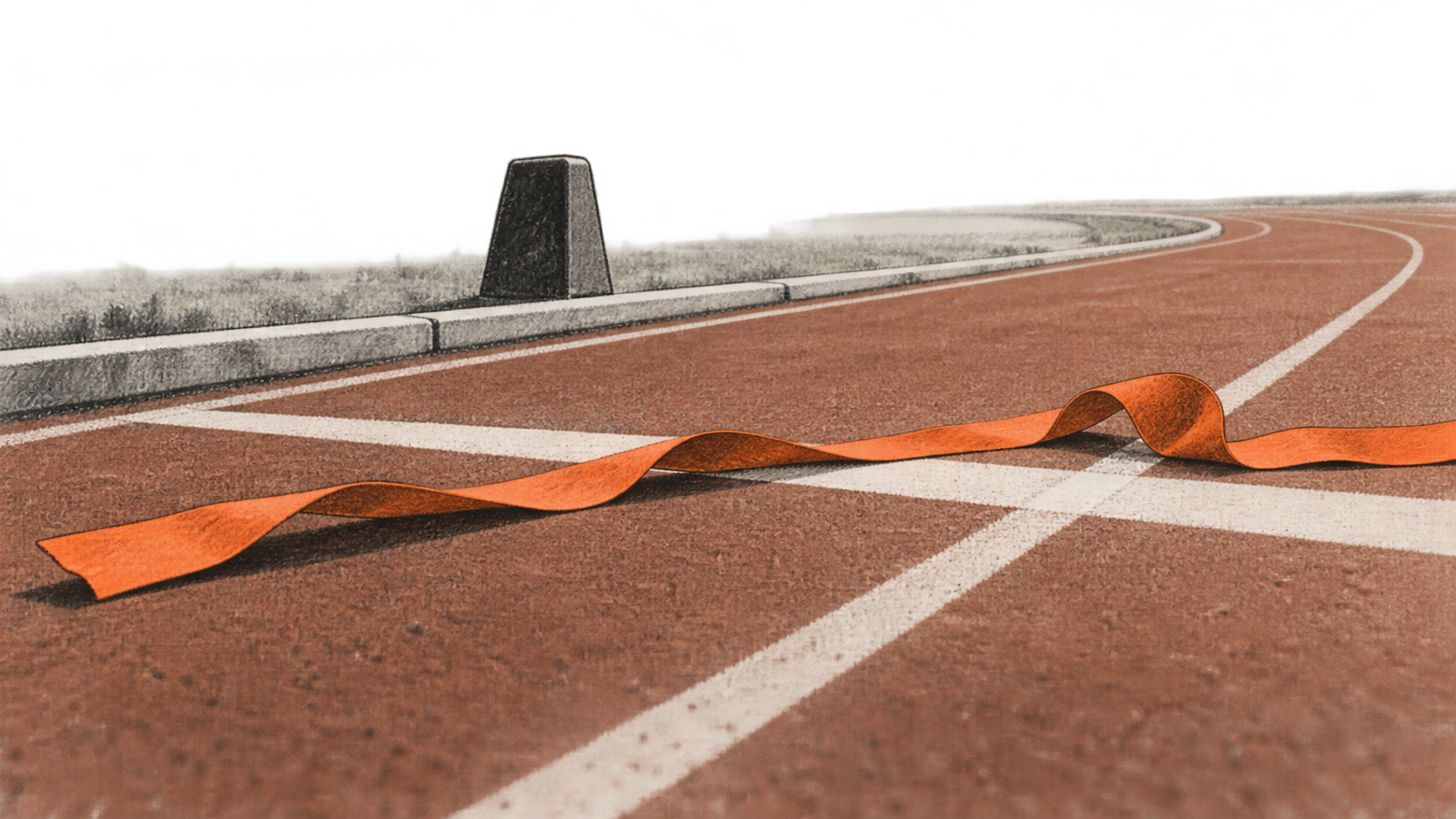 A loose orange ribbon lies across a white finish stripe on an empty running track, with a dark marker beside the lane.