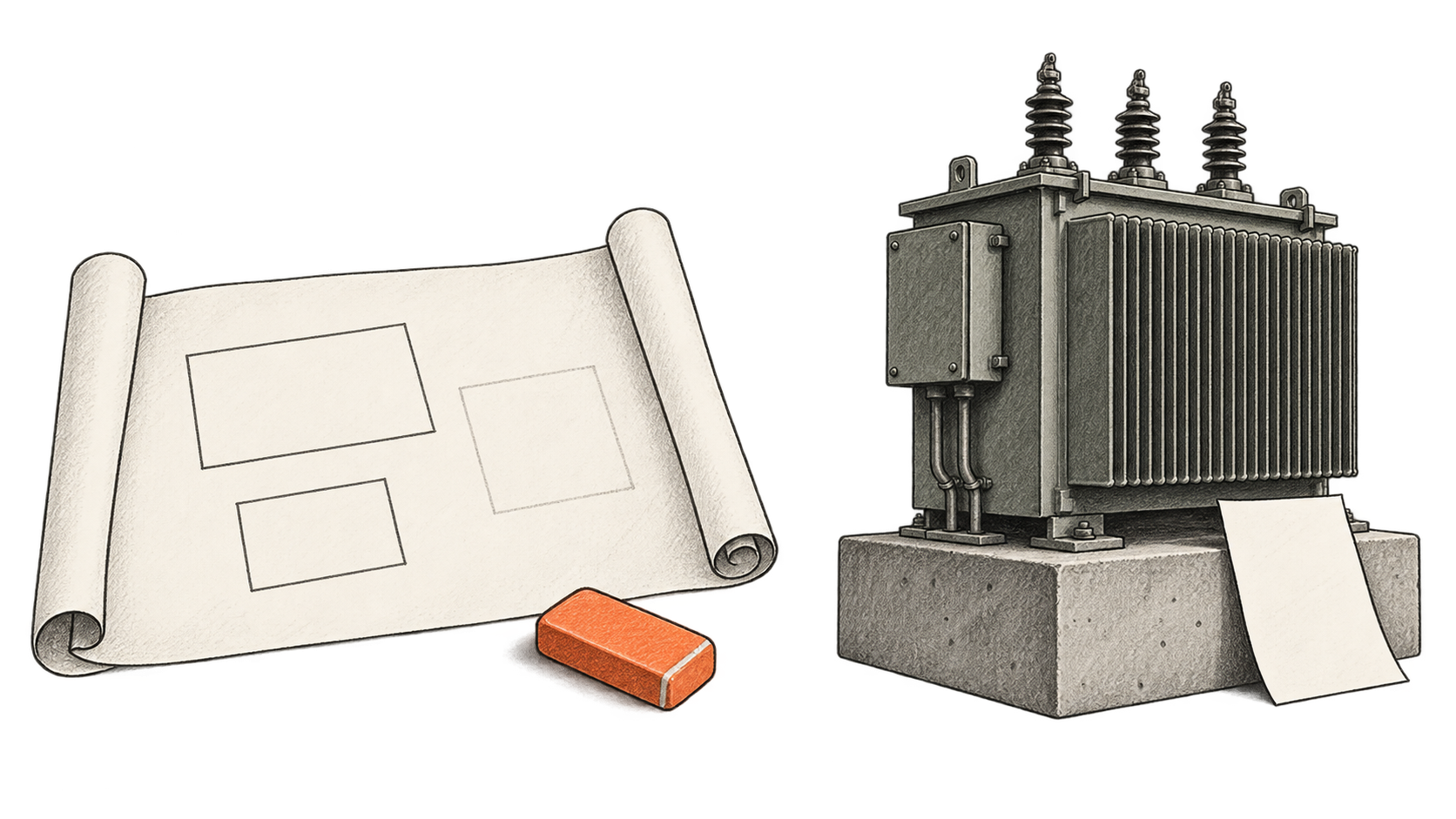 A simple site plan and orange eraser sit apart from a transformer fixed to concrete beside a blank bill.