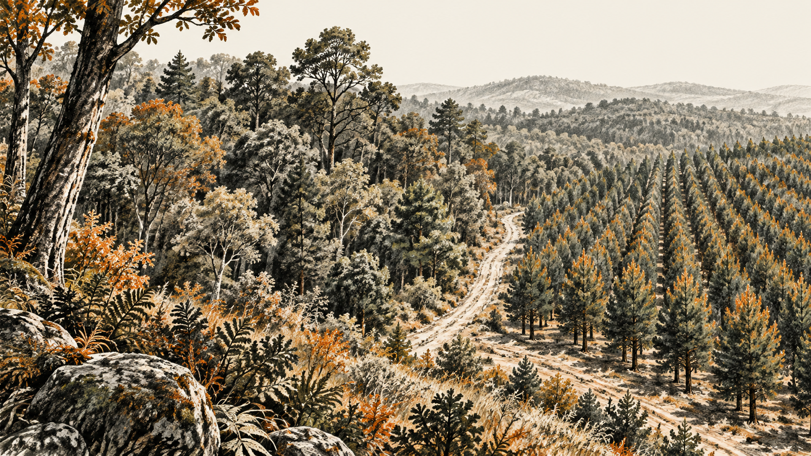 Conceptual charcoal landscape with irregular mixed-height tree cover beside orderly rows of planted trees, separated by an unpaved track.