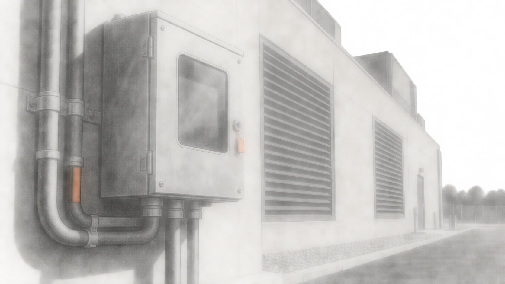 Conceptual charcoal illustration of an unnumbered utility cabinet and conduits mounted on the outside wall of a low data-center building.