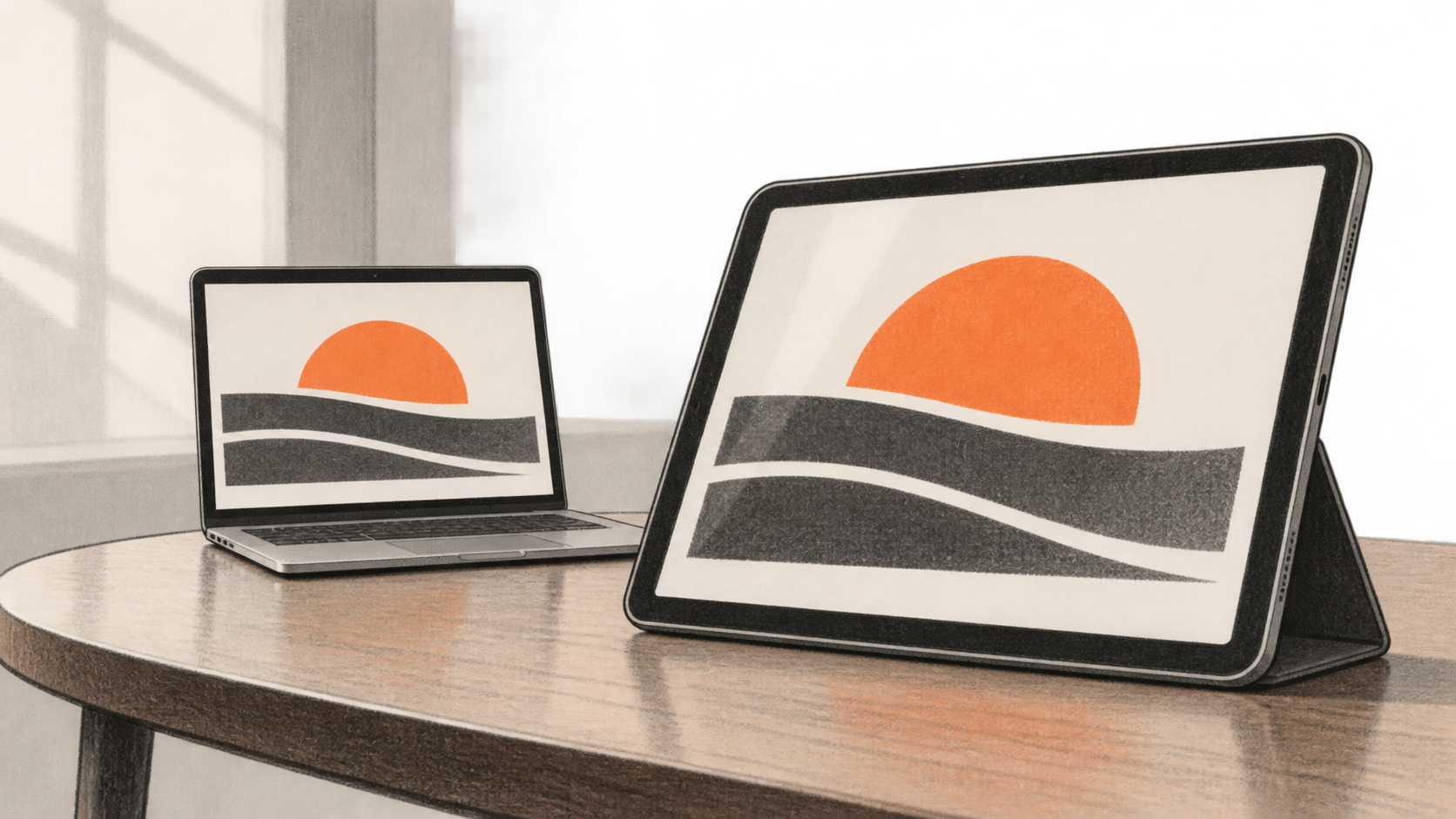 Conceptual charcoal illustration of a laptop and a larger tablet on stands showing the same unlettered presentation card for comparison.
