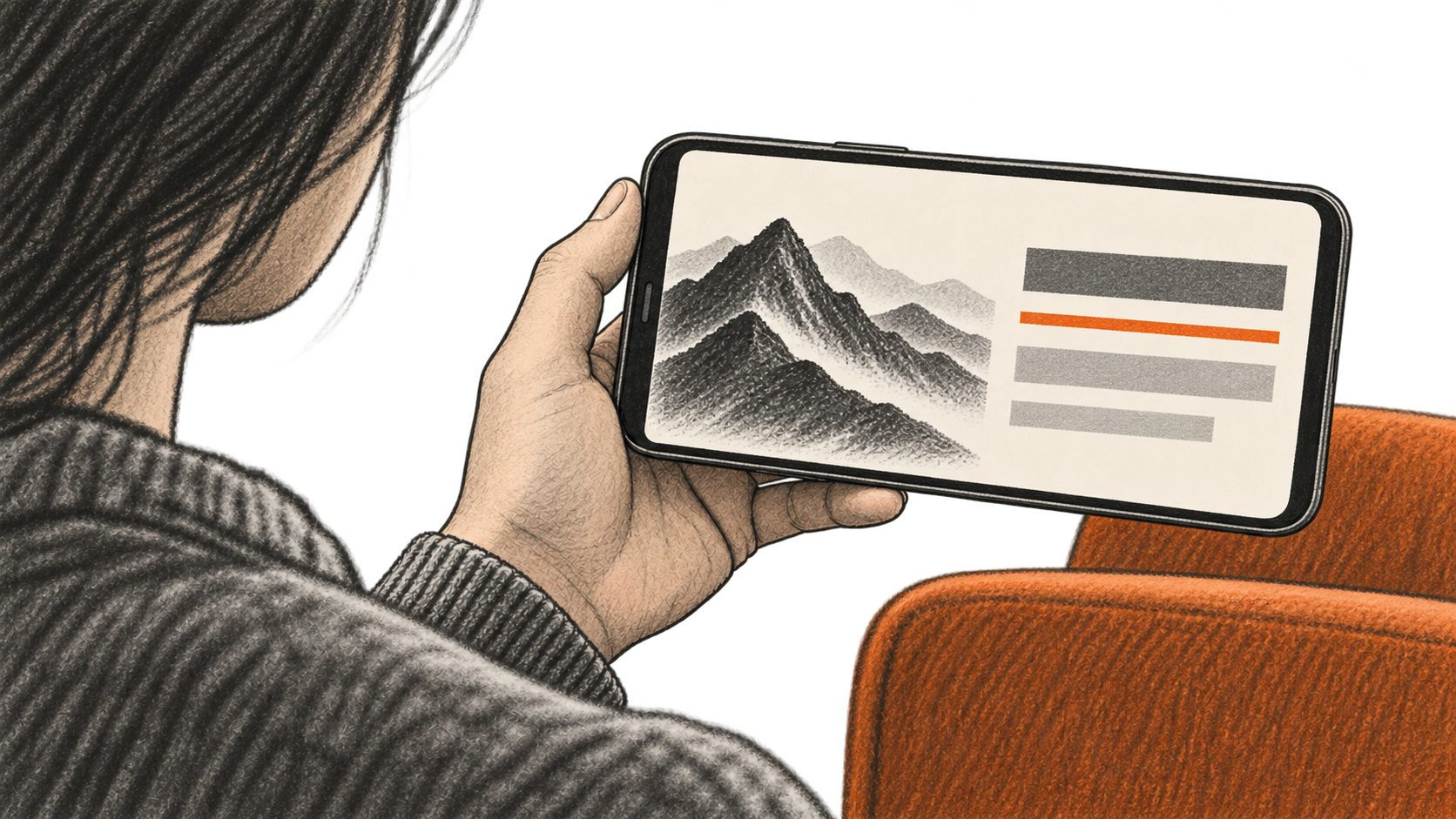 Conceptual charcoal illustration of one person holding a landscape phone that displays an unlettered presentation card with a mountain image and blank layout bars.