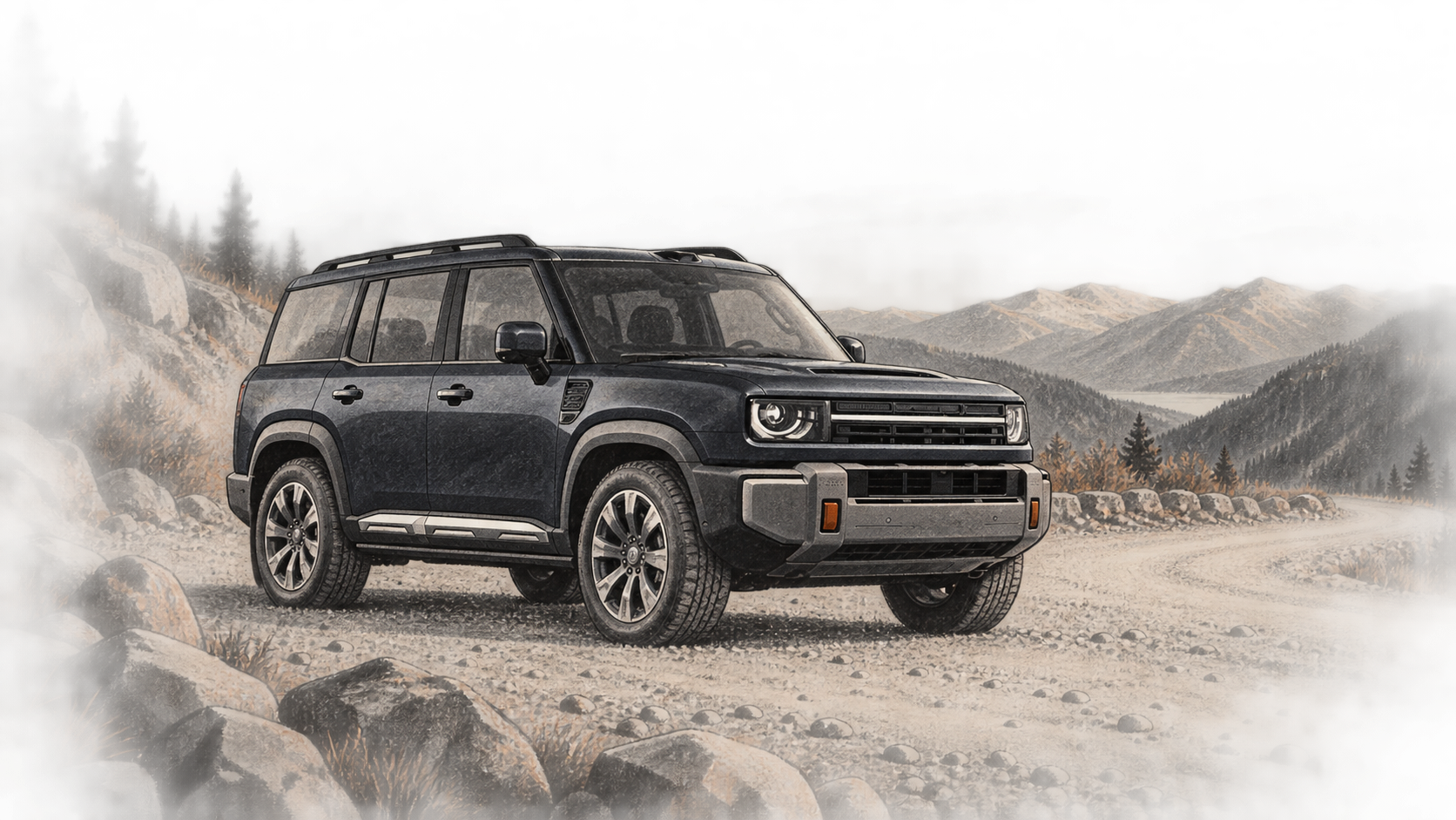 Conceptual charcoal illustration of a boxy dark SUV standing on a gravel mountain road, with rocky ground and distant ridges.