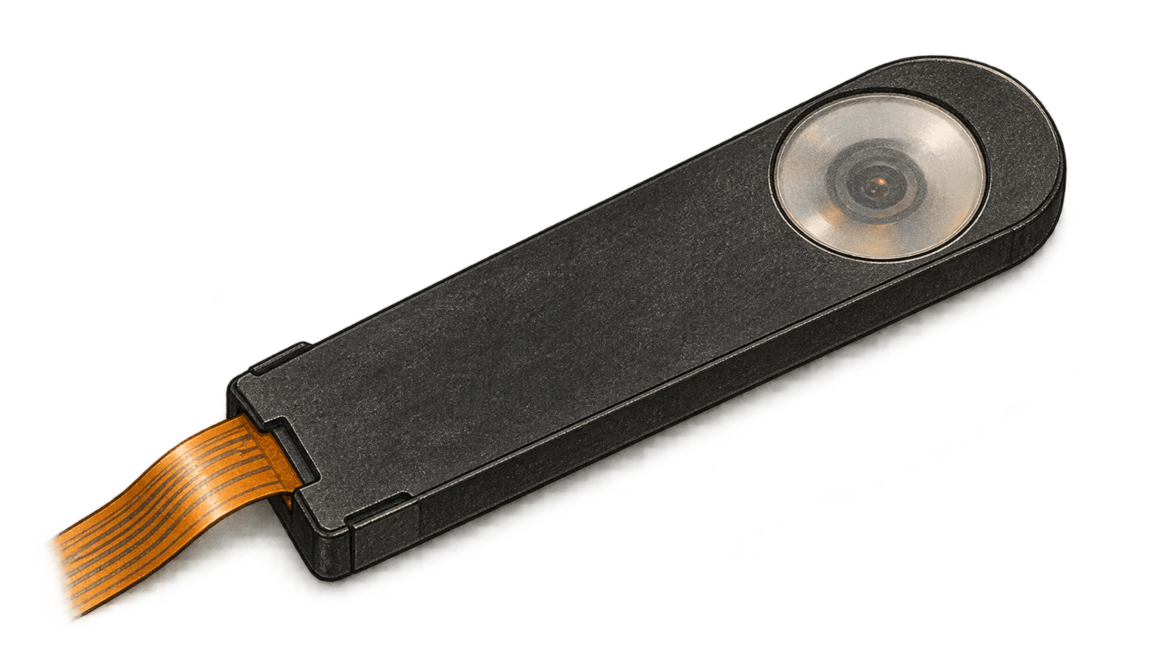 Conceptual charcoal illustration of one flat black fingertip sensor with a circular translucent membrane on its broad face near the rounded tip and an attached amber flex cable.