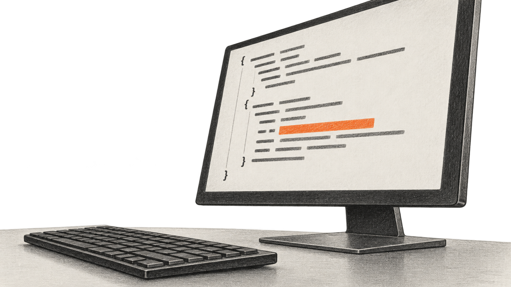 Conceptual charcoal illustration of a desktop display with abstract structured request marks and an orange redaction bar, beside a keyboard.