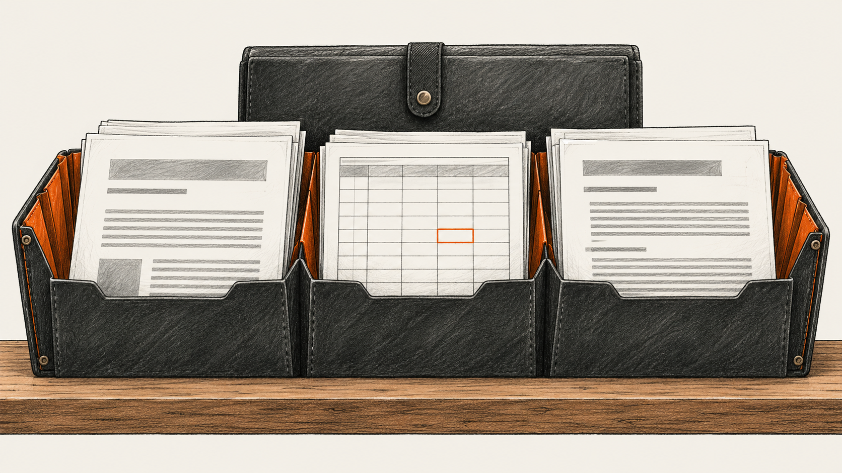Conceptual charcoal illustration of an open three-pocket file case holding a report proof, an empty spreadsheet grid and a document proof on a wooden shelf.