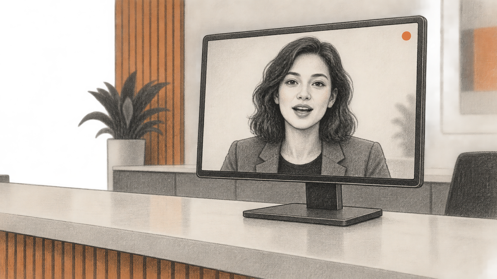 A conceptual illustration of a speaking synthetic avatar on a counter-mounted display in a generic customer-service setting.