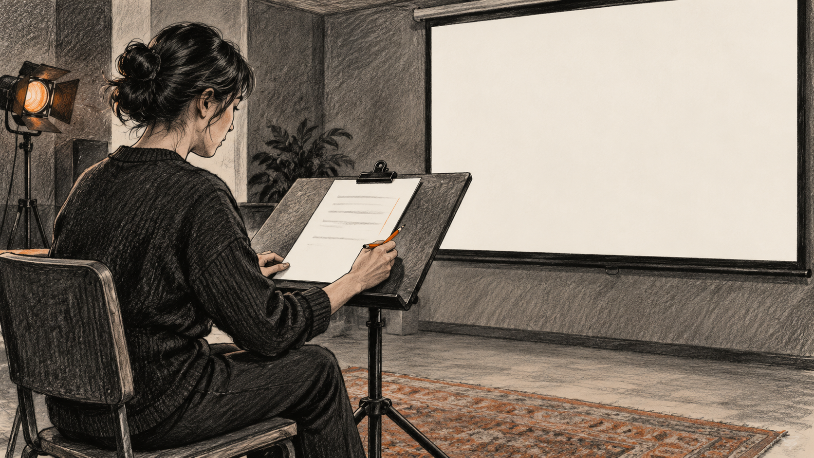 Conceptual charcoal illustration of one editor reviewing a note sheet on a tilted stand beside a blank projection screen.